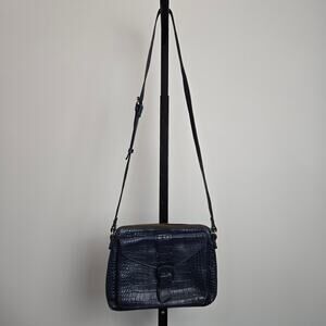 Patricia Nash Crocodile‎ Leather Shoulder Bag Purse Navy Blue Buckle Pocket